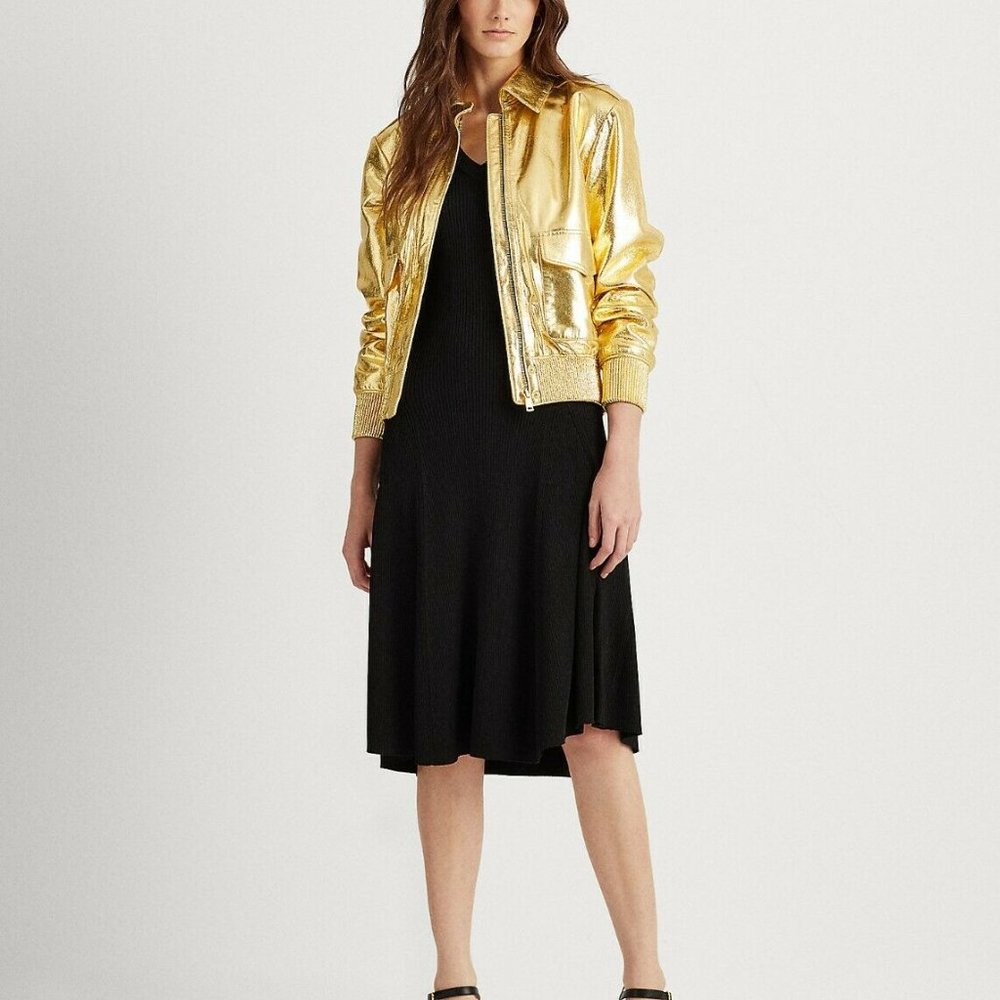 Ralph Lauren Gold Metallic Genuine Leather Bomber Jacket Women's Size P-Large - Picture 8 of 11